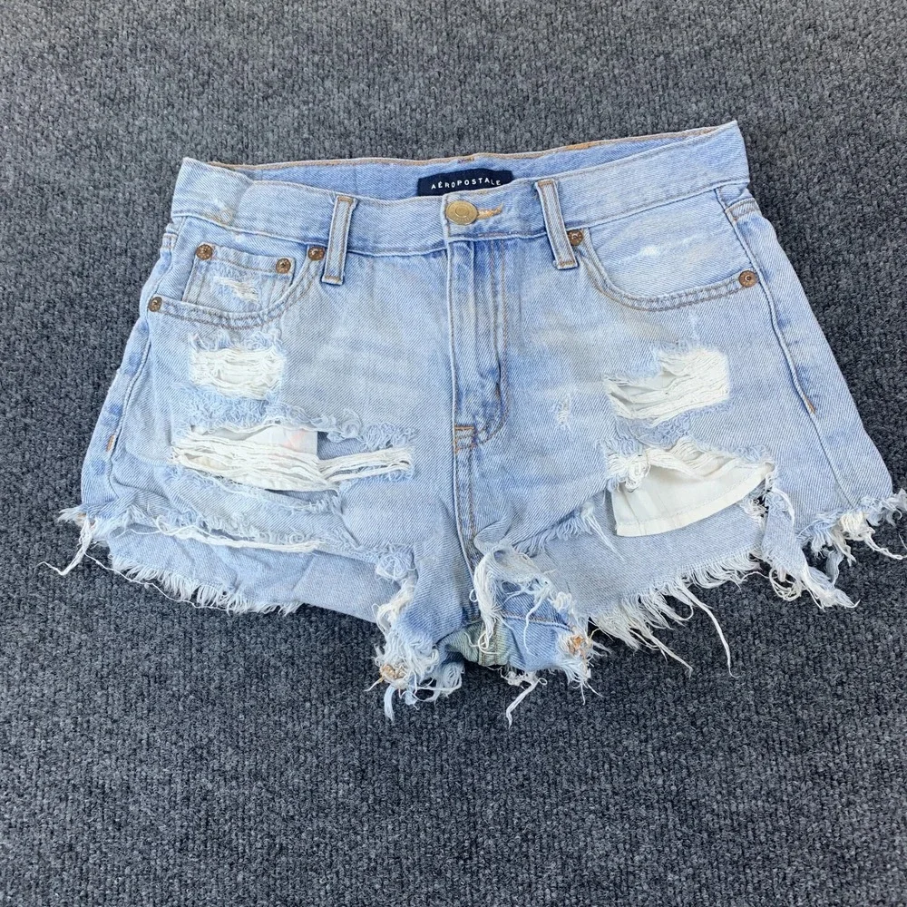 Aeropostale Vintage High Rise Shorty Womens 0 Blue Denim Distressed Frayed Hem
